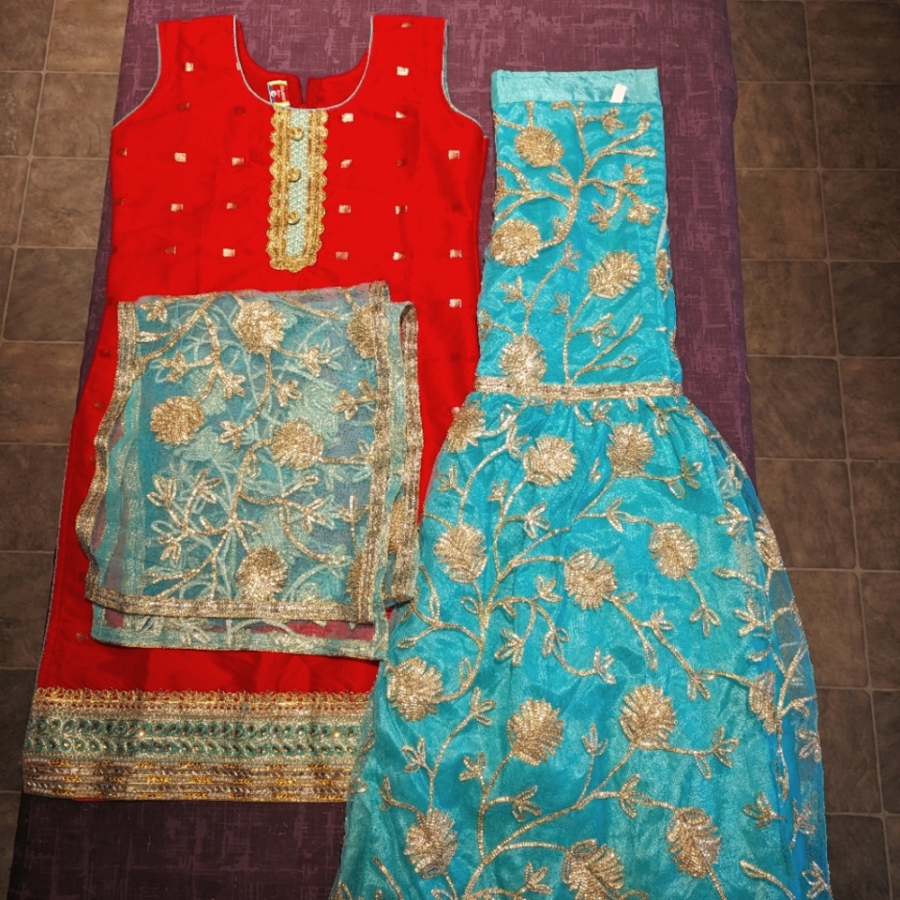Girls sharara suit size 36 peach colour top and sea blue sharara - Picture 1 of 1